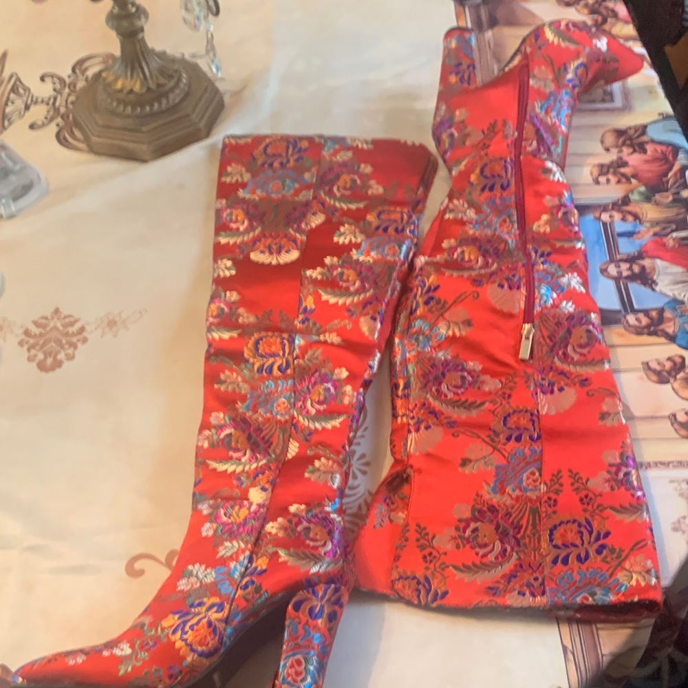 BAMBOO Red Floral over the knee Heeled Boots